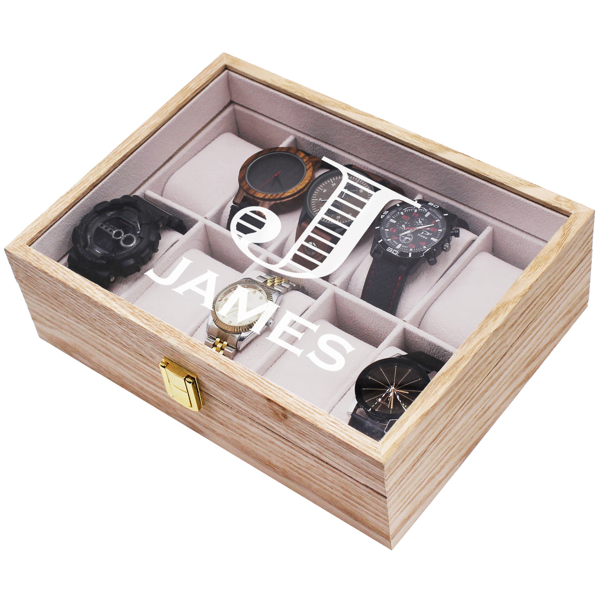 Custom Personalized Watch Storage Box Glass Display Case for Men, Him, Husband - Engraved and Monogrammed