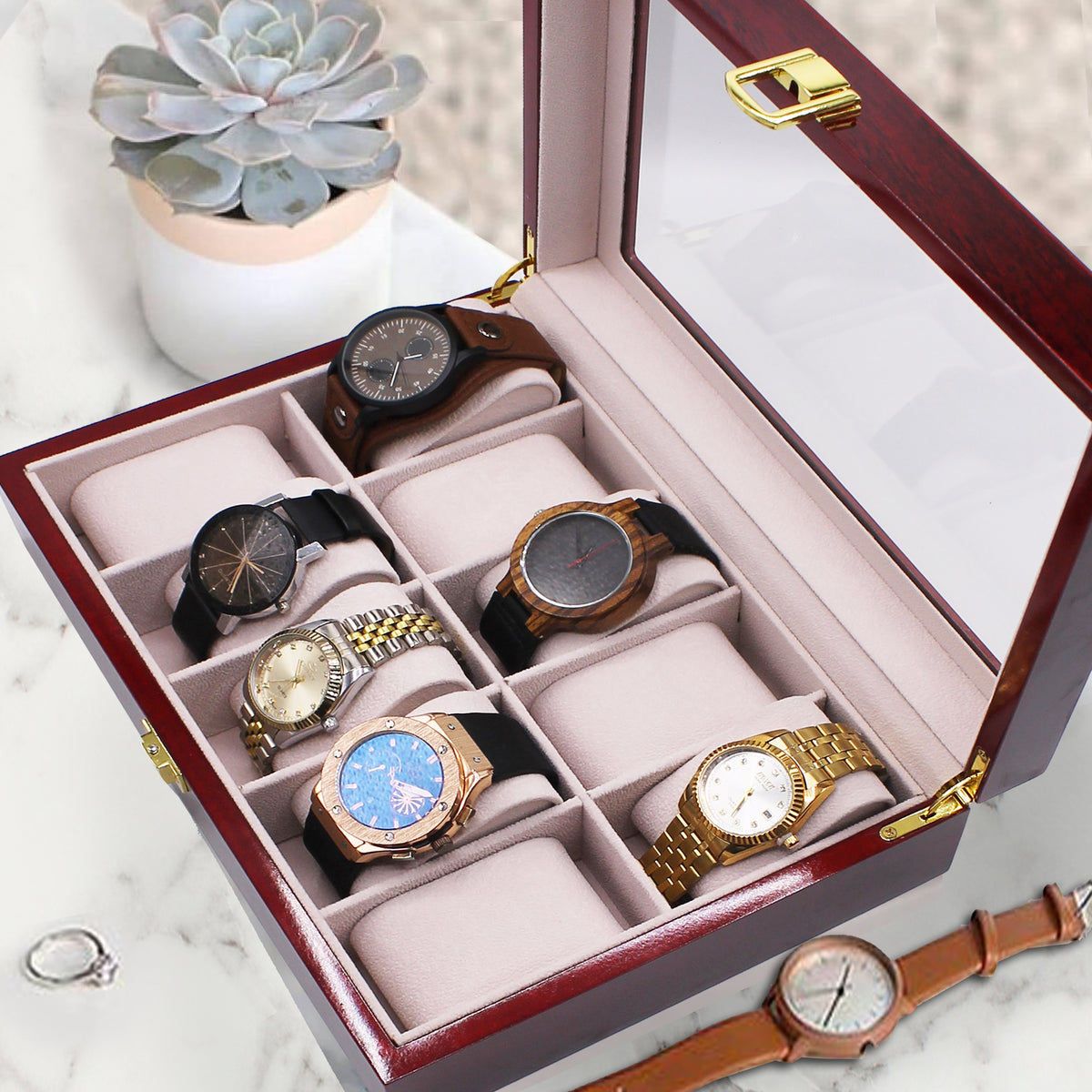 Custom Personalized Watch Storage Box Glass Display Case for Men, Him, Husband - Engraved and Monogrammed