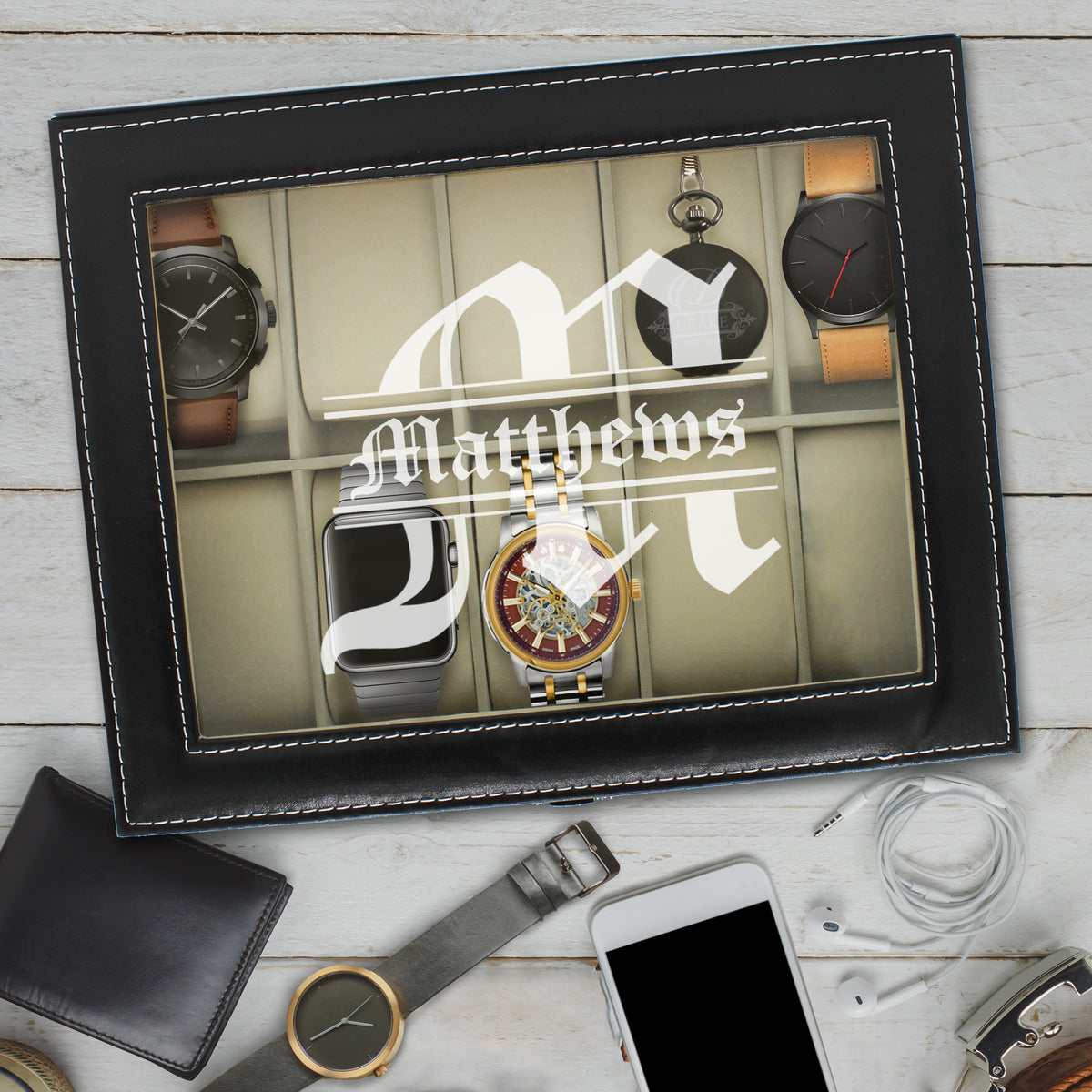 Custom Personalized Watch Storage Box Glass Display Case for Men, Him, Husband - Engraved and Monogrammed