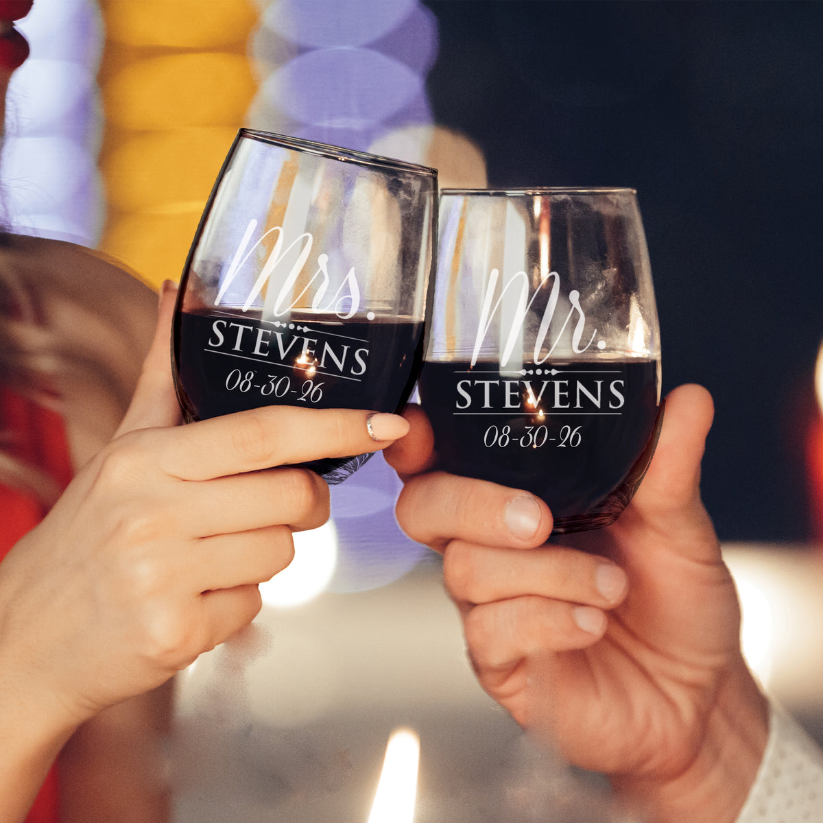 Personalized Mr. & Mrs. Stemless Wine Glasses – Set of 2 Custom Engraved Wedding or Anniversary Gift for Couples