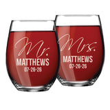 Personalized Mr. & Mrs. Stemless Wine Glasses – Set of 2 Custom Engraved Wedding or Anniversary Gift for Couples